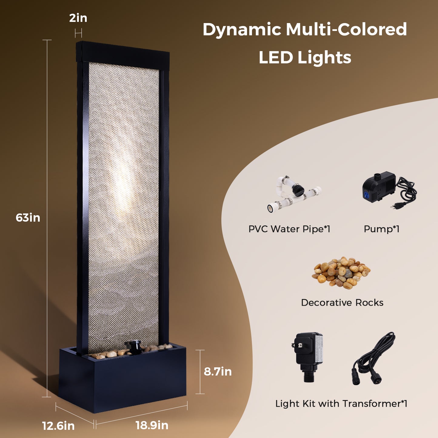 Jocoevol Mesh Panel Waterfall Fountain, Large Indoor Water Feature with Stones & Light