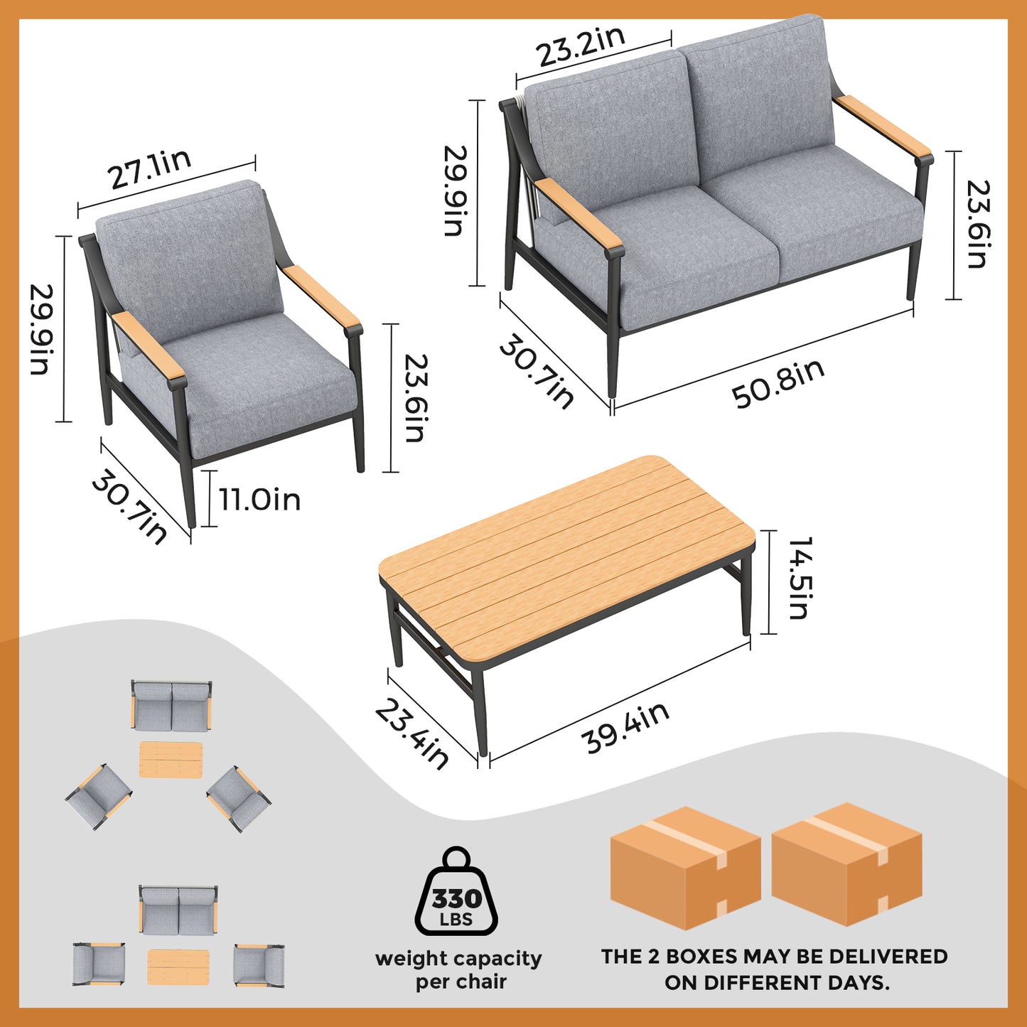 Jocoevol 4-Piece Outdoor Sofa Set - Four Seaters with Coffee Table