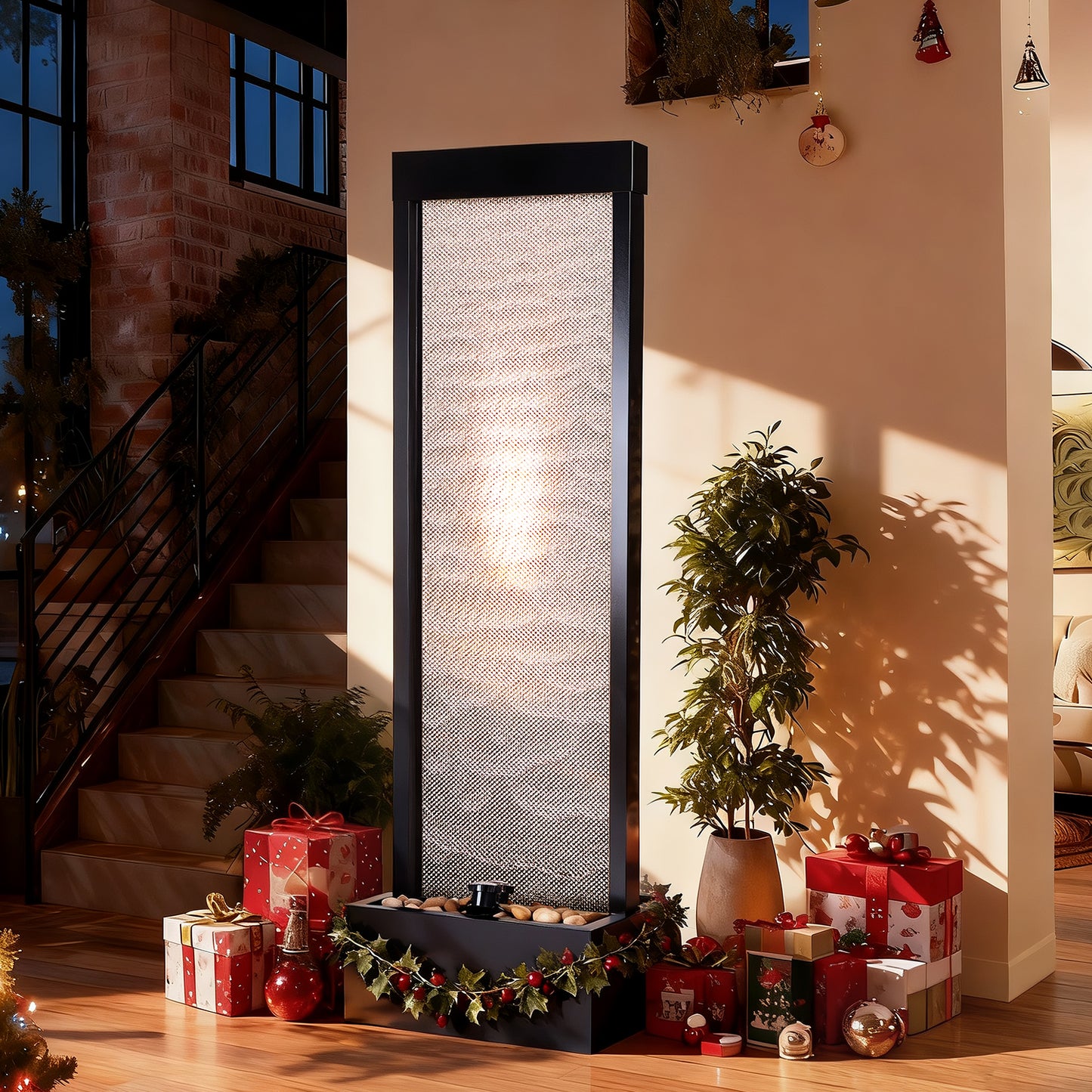Jocoevol Mesh Panel Waterfall Fountain, Large Indoor Water Feature with Stones & Light