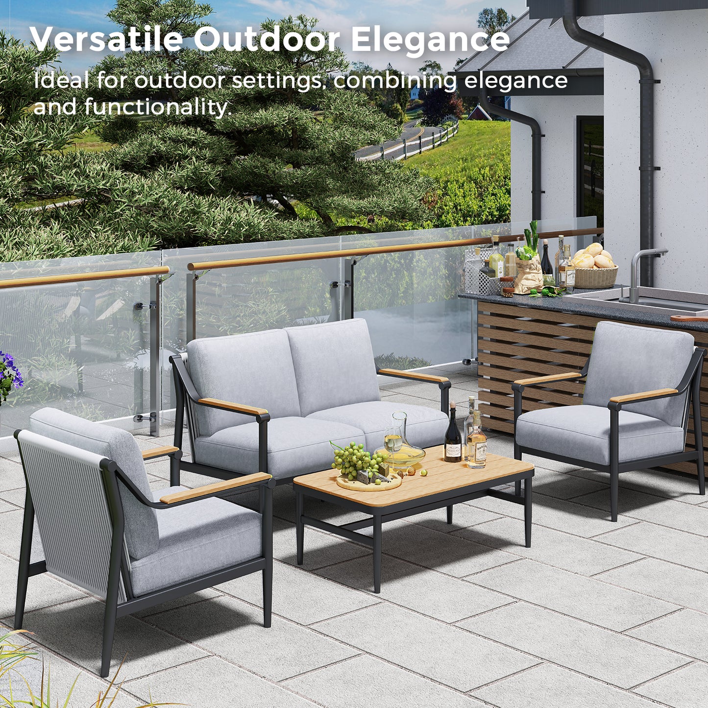 Jocoevol 4-Piece Outdoor Sofa Set - Four Seaters with Coffee Table