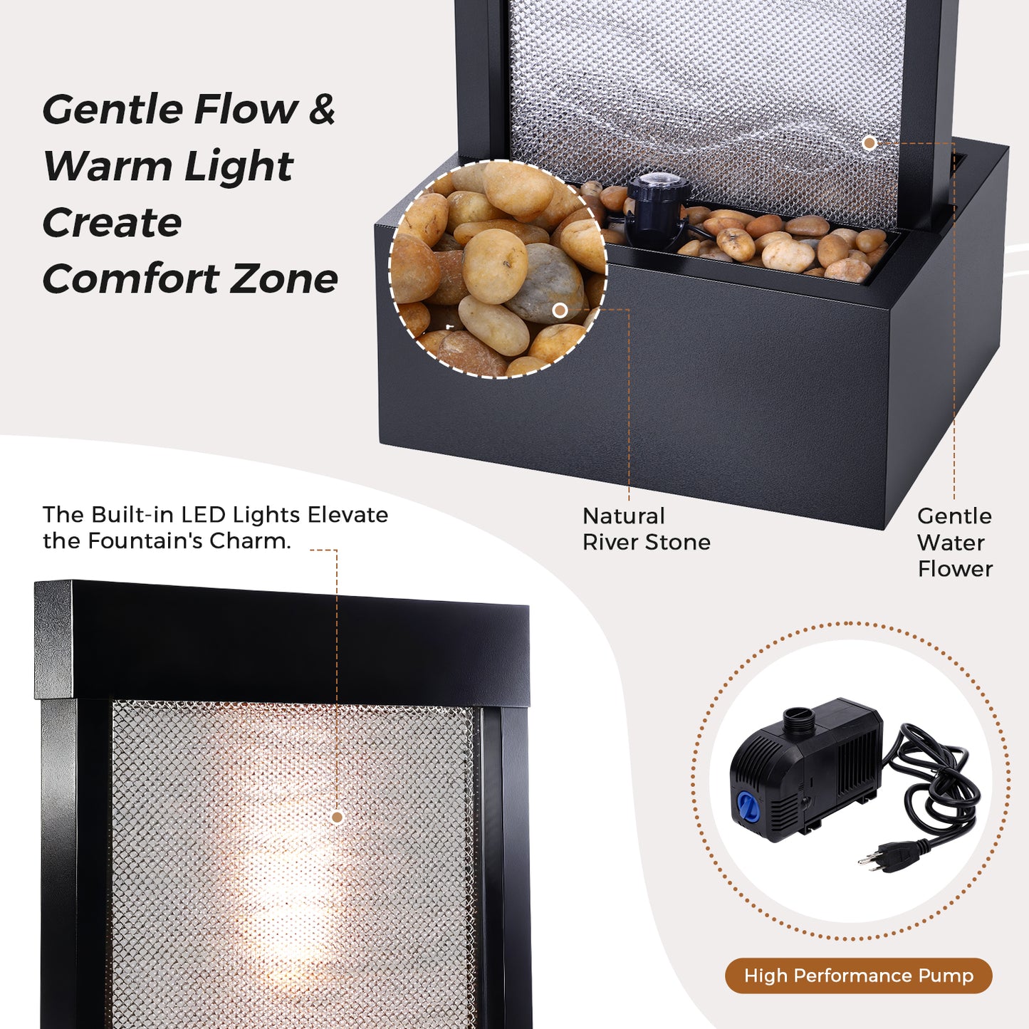Jocoevol Mesh Panel Waterfall Fountain, Large Indoor Water Feature with Stones & Light