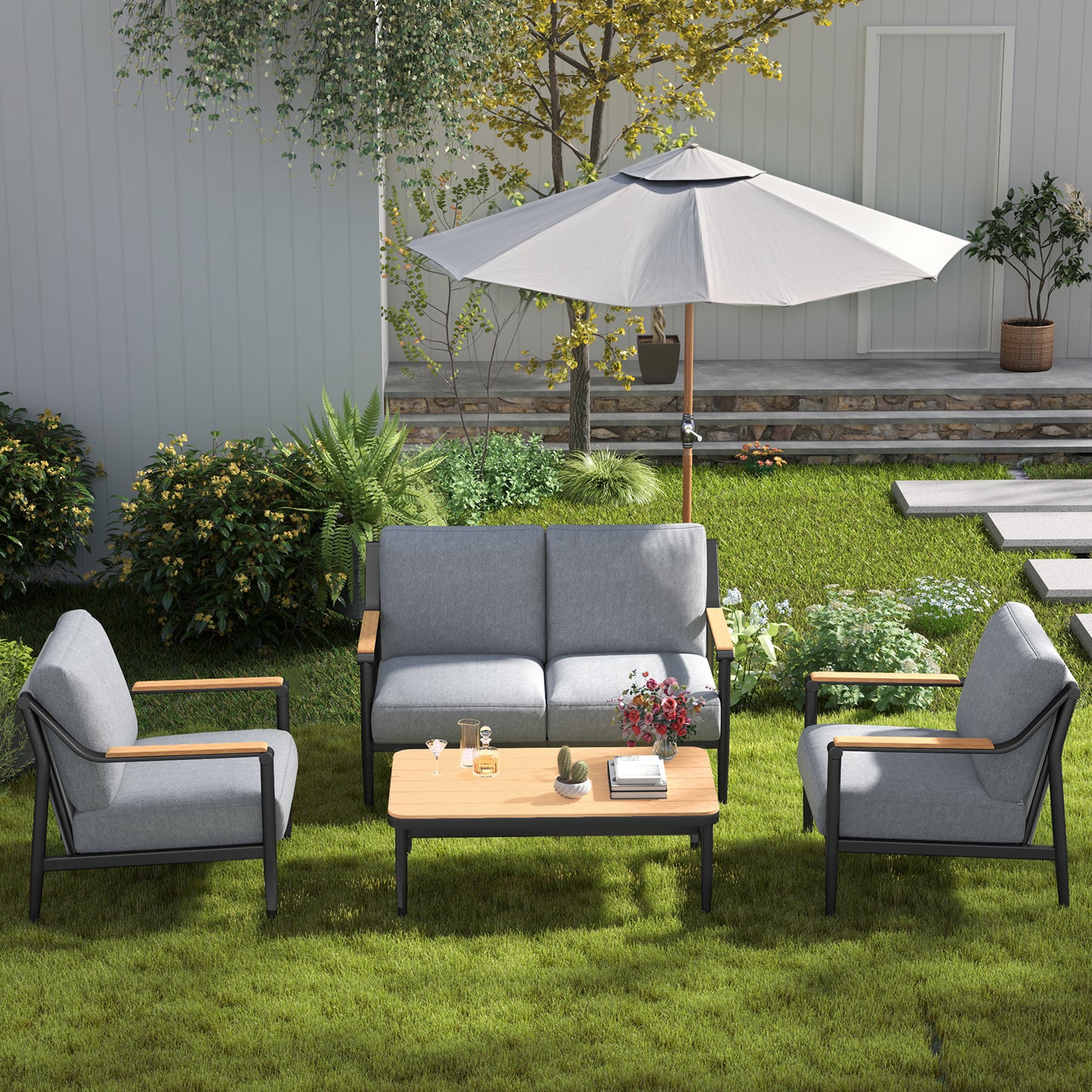 Jocoevol 4-Piece Outdoor Sofa Set - Four Seaters with Coffee Table