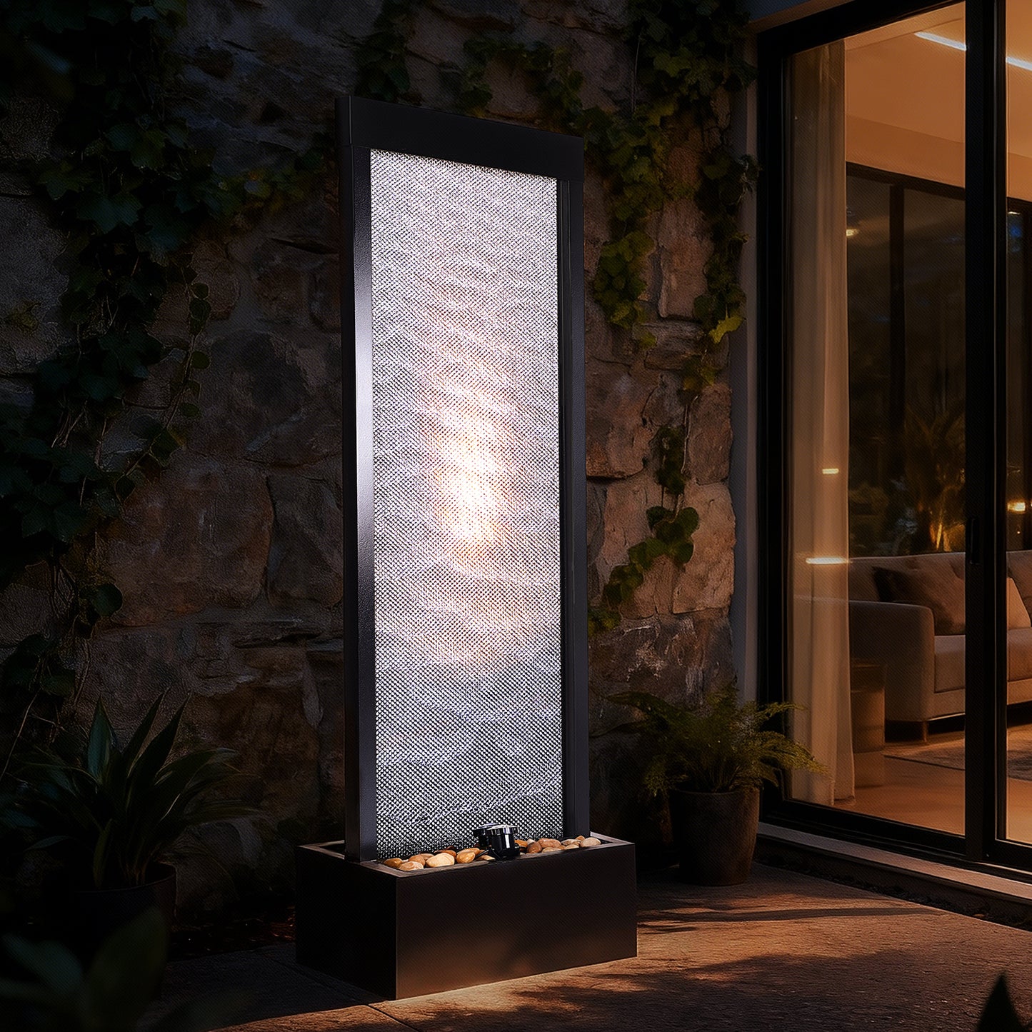 Jocoevol Mesh Panel Waterfall Fountain, Large Indoor Water Feature with Stones & Light