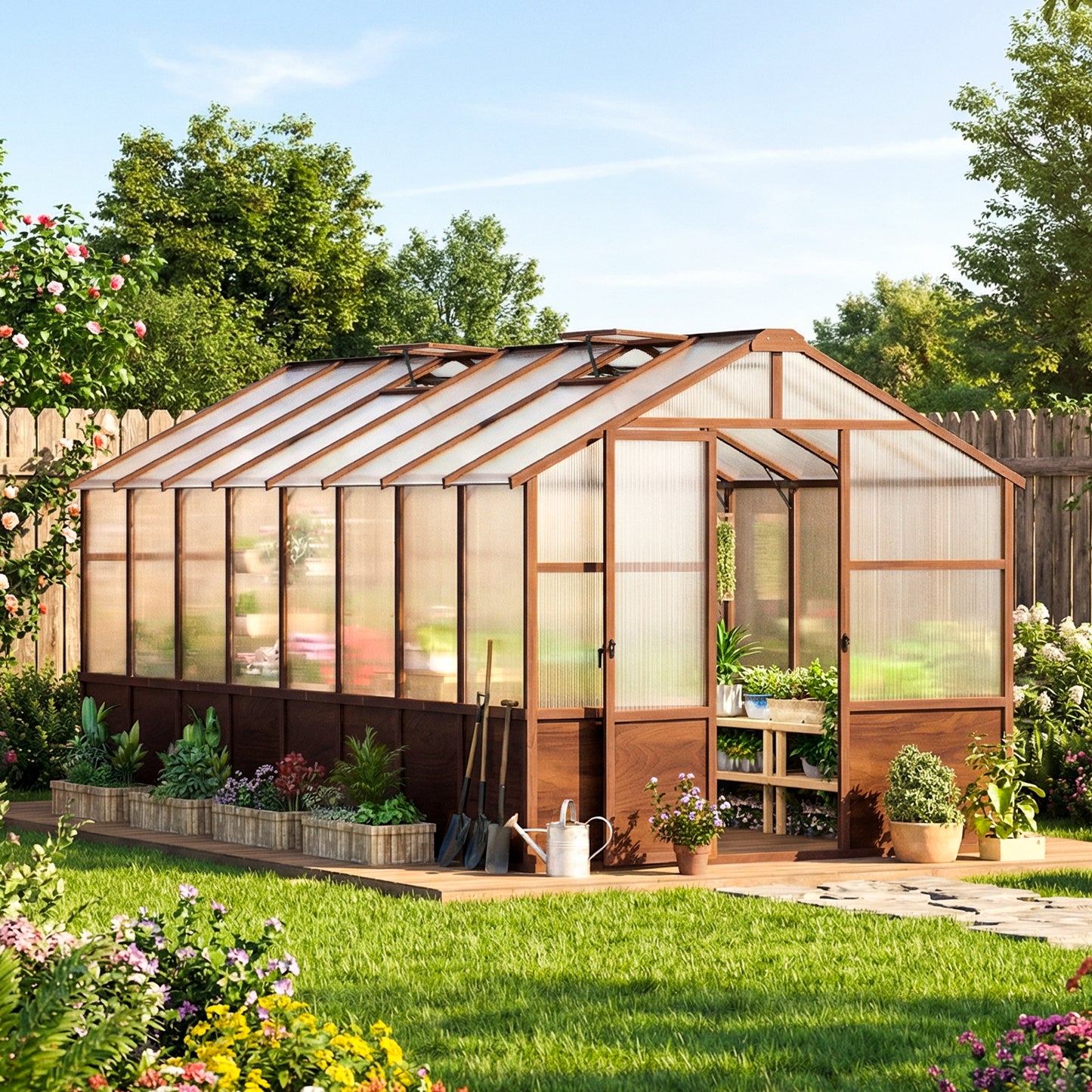Jocoevol Outdoor Greenhouse — Wooden-Framed Polycarbonate Greenhouse