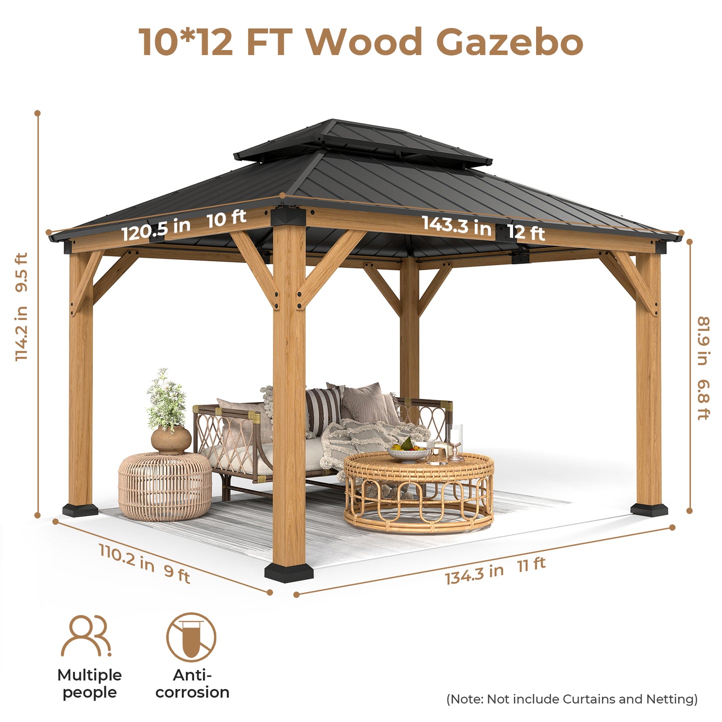 Jocoevol Wood Gazebo - Hardtop Outdoor Permanent Pavilion