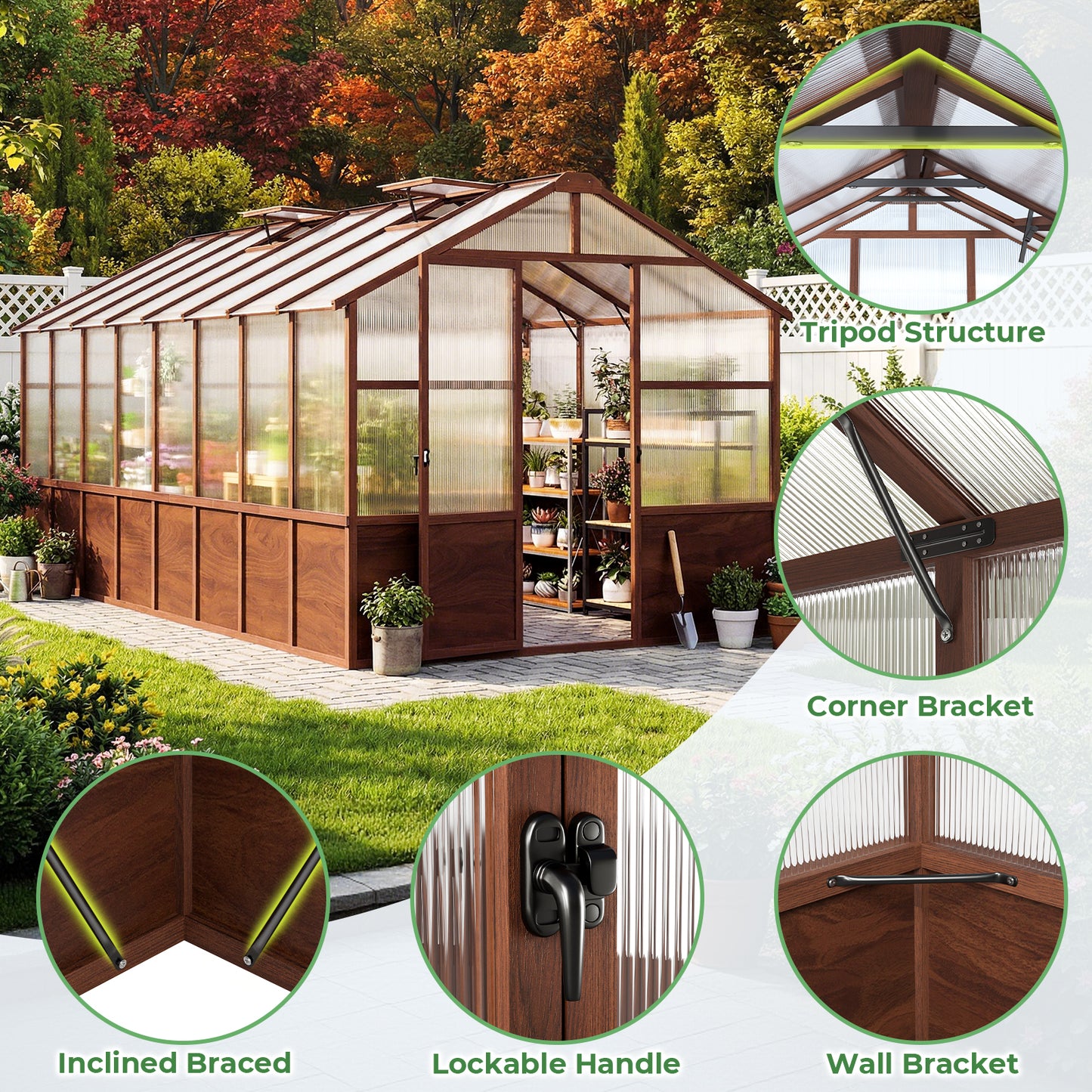 Jocoevol Outdoor Greenhouse — Wooden-Framed Polycarbonate Greenhouse